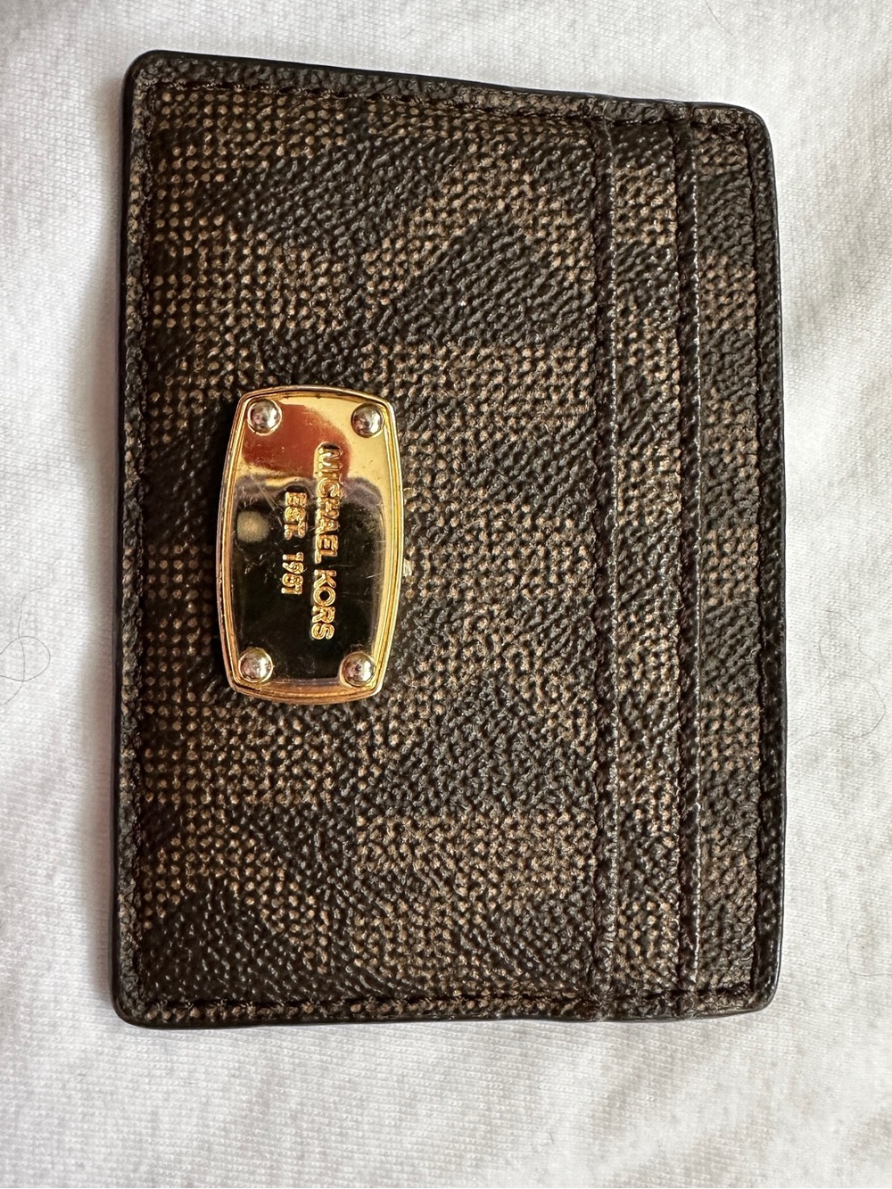 Michael Kors Brown Monogram Card Case with Gold Plate